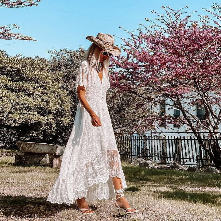 Damska Sukienka Maxi | Luźny Krój | Koronkowe Detale i Krótkie Rękawy | Boho Styl