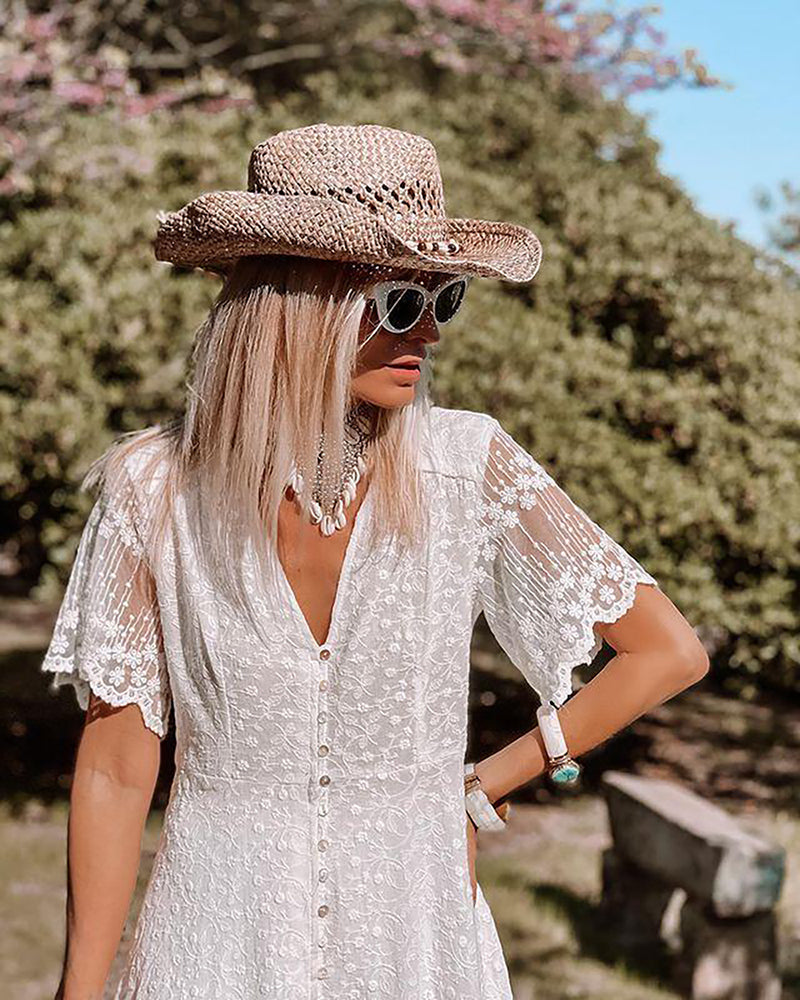 Damska Sukienka Maxi | Luźny Krój | Koronkowe Detale i Krótkie Rękawy | Boho Styl