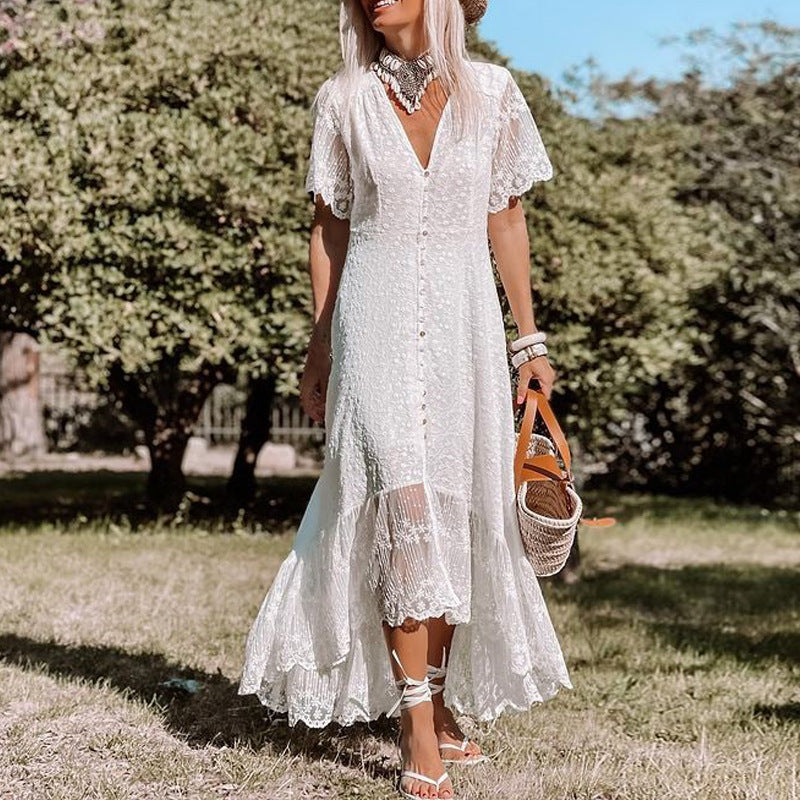 Damska Sukienka Maxi | Luźny Krój | Koronkowe Detale i Krótkie Rękawy | Boho Styl