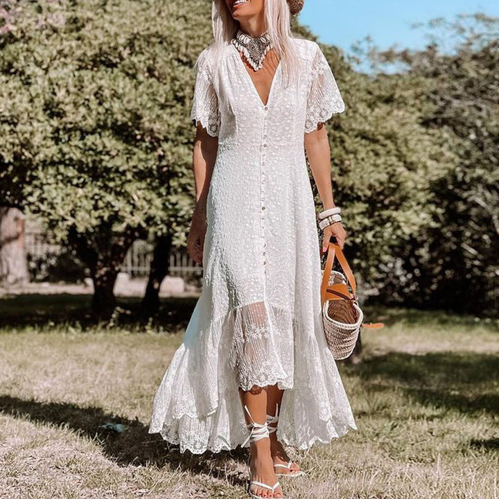 Damska Sukienka Maxi | Luźny Krój | Koronkowe Detale i Krótkie Rękawy | Boho Styl