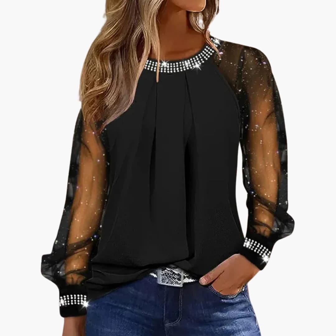 Women's Blouse with Decorative Neckline and Sheer Long Sleeves | Party Style