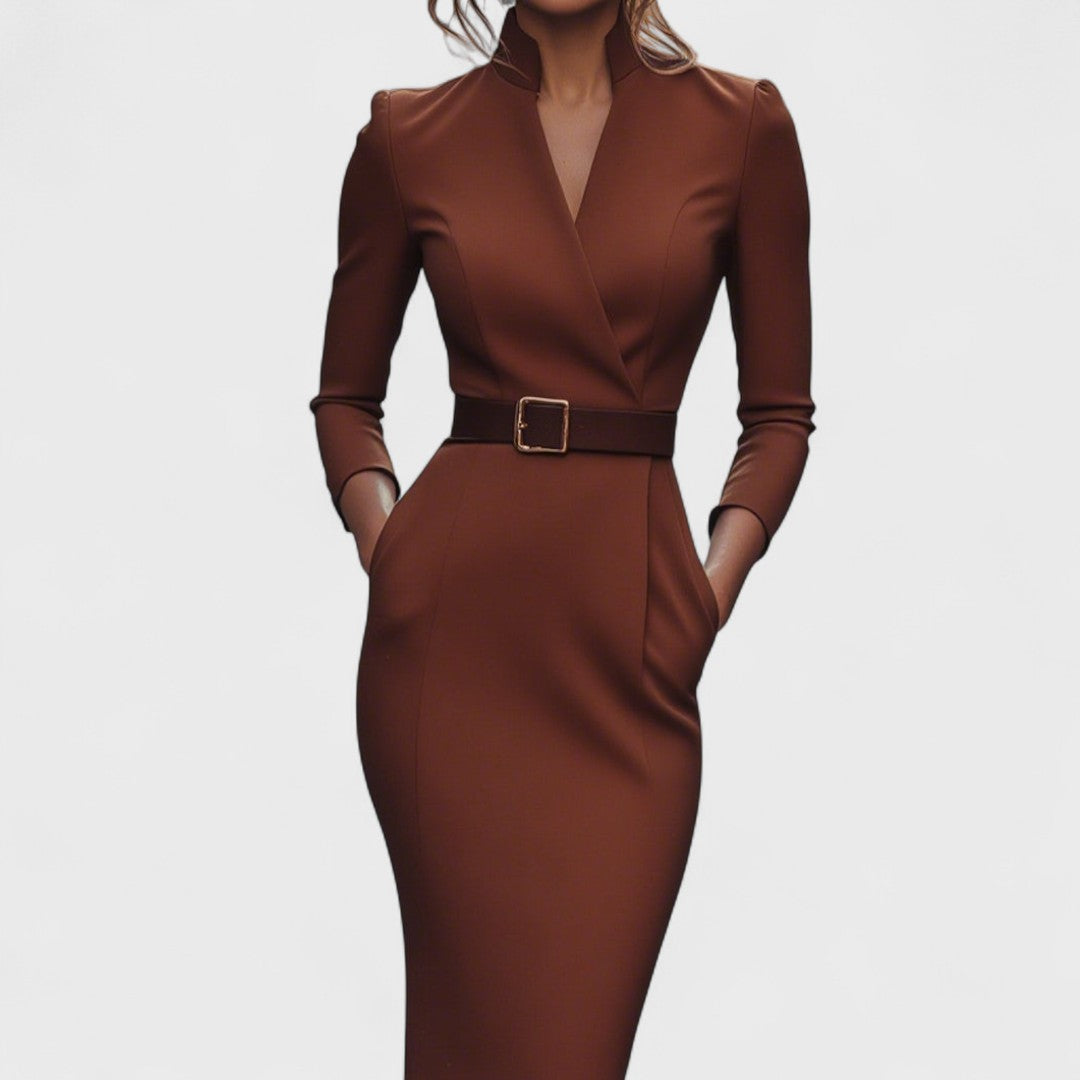 Valentina | Damska Sukienka Midi Slim Fit ze Stójką, Paskiem w Talii i Długimi Rękawami
