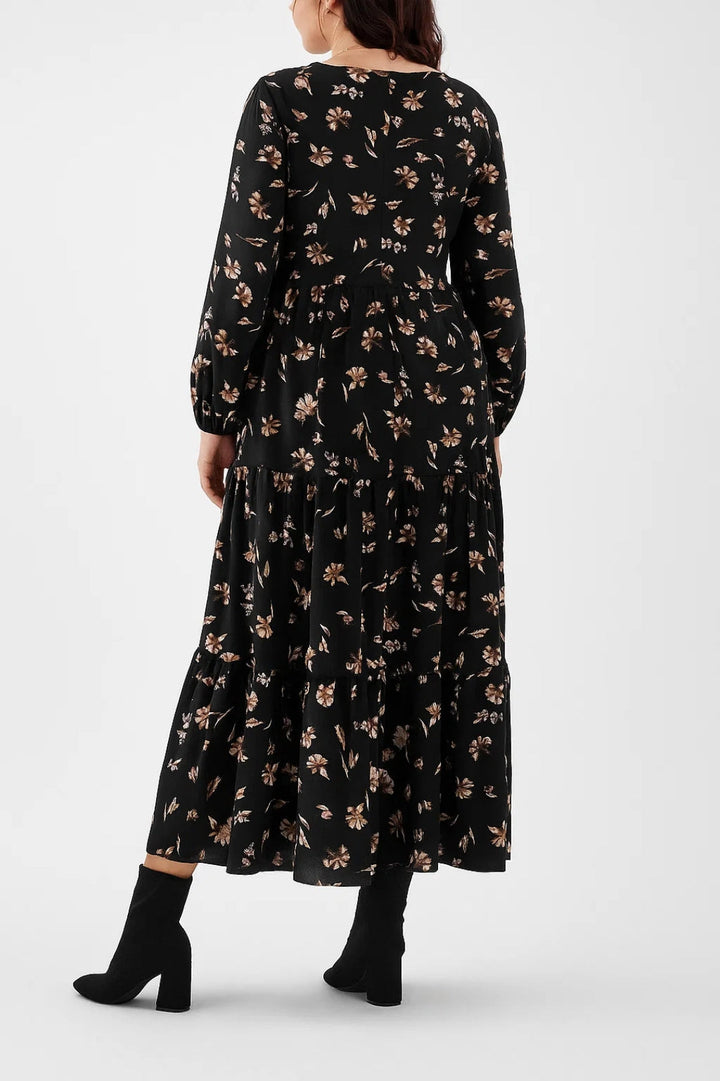 Women's Floral Dress | Flowing Midi Dress with Layered Design | Regular Fit | Timeless Feminine Style