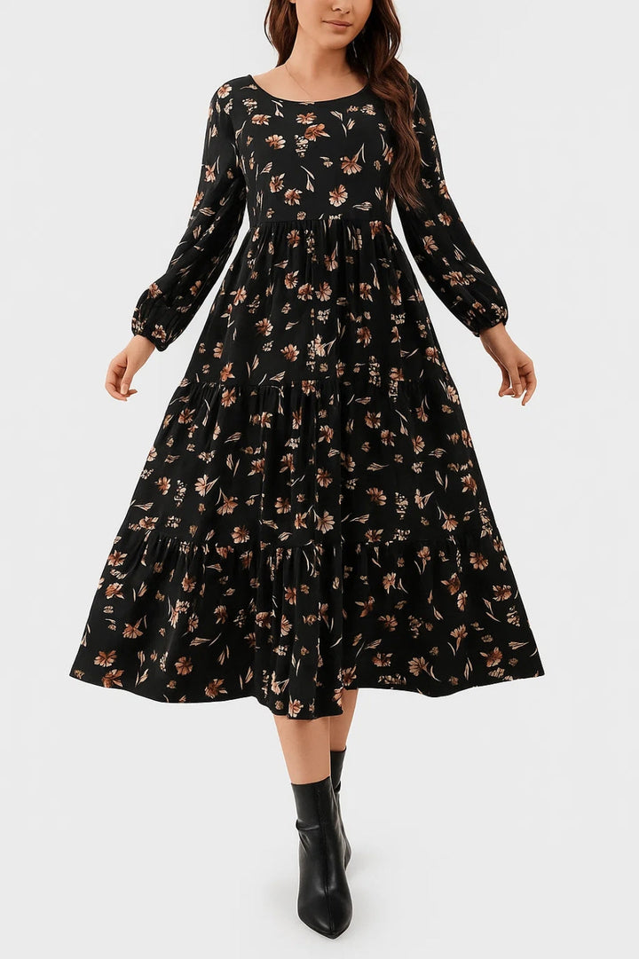 Women's Floral Dress | Flowing Midi Dress with Layered Design | Regular Fit | Timeless Feminine Style
