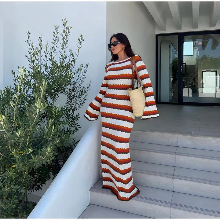 Women's Long Sleeve Striped Fitted Dress with Flared Sleeves | Maxi