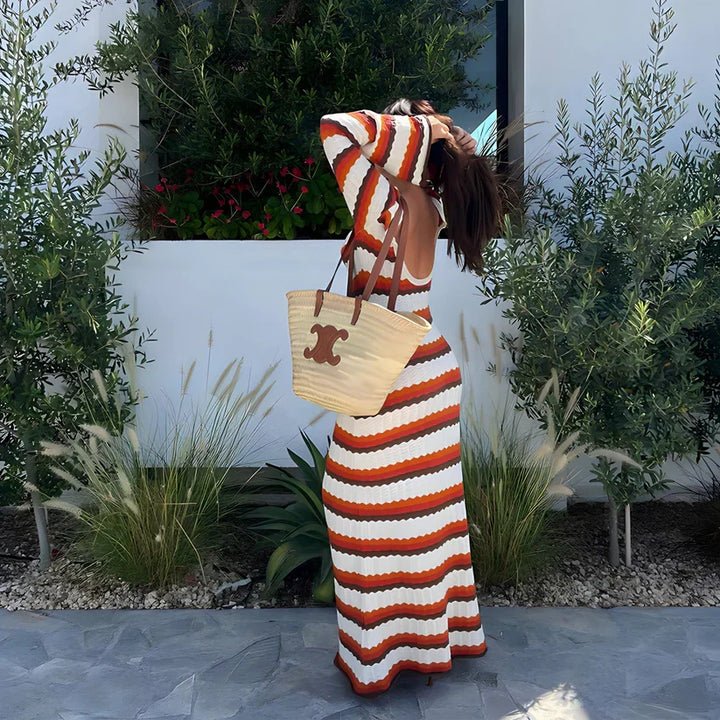 Women's Long Sleeve Striped Fitted Dress with Flared Sleeves | Maxi