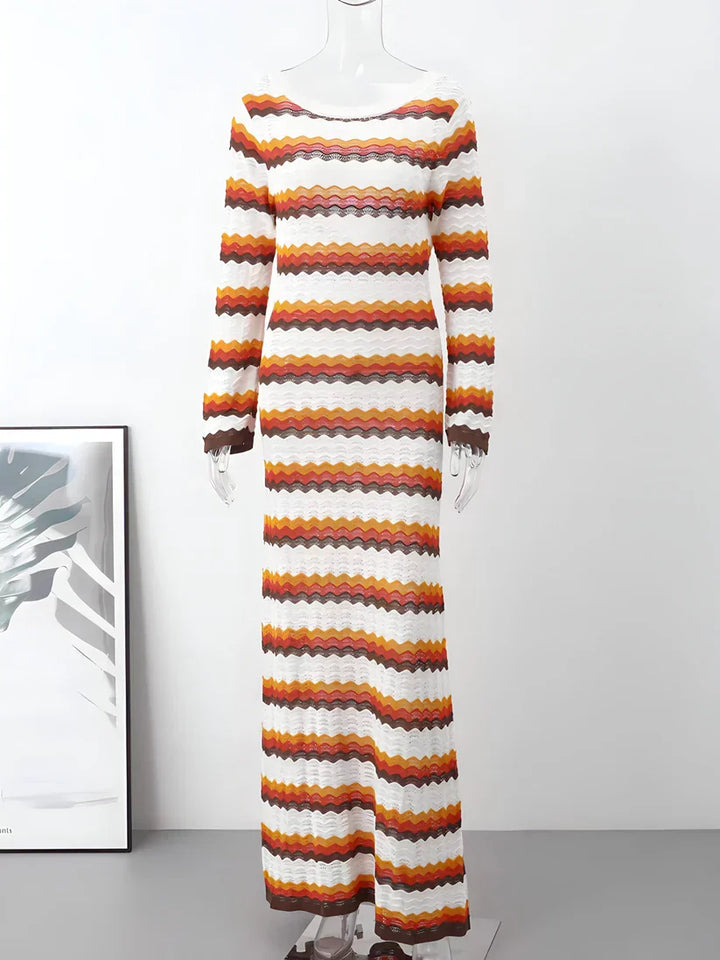 Women's Long Sleeve Striped Fitted Dress with Flared Sleeves | Maxi