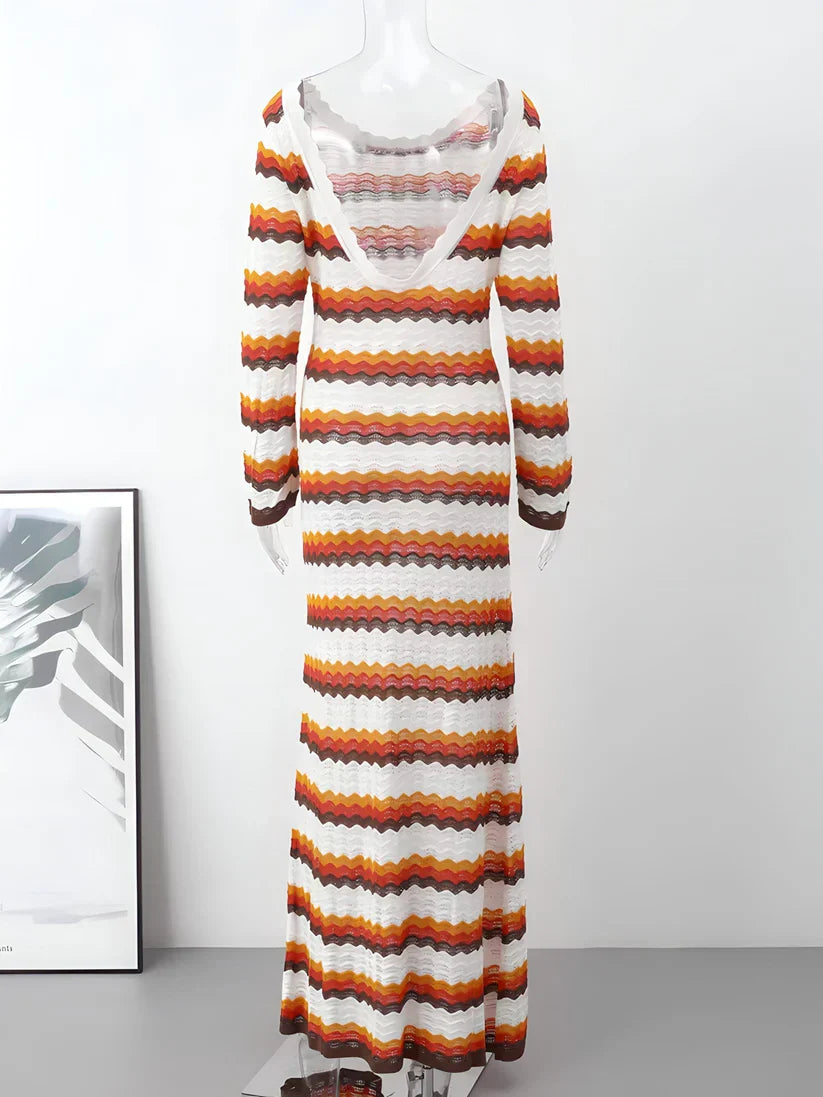 Women's Long Sleeve Striped Fitted Dress with Flared Sleeves | Maxi
