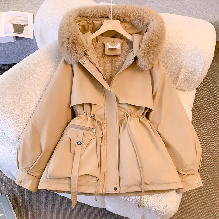 Women's Winter Jacket with Hood, Faux Fur, and Waist Tie | Down Jacket
