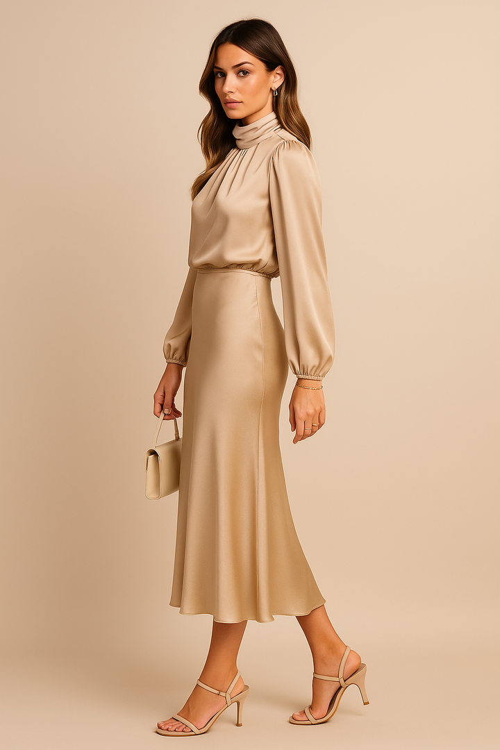 Women's Midi Dress with High Neckline, Long Sleeve, and Waist Decoration | Fitted Cut
