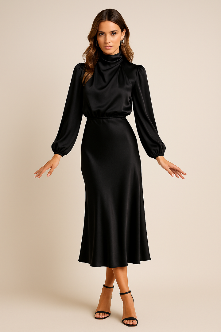 Women's Midi Dress with High Neckline, Long Sleeve, and Waist Decoration | Fitted Cut