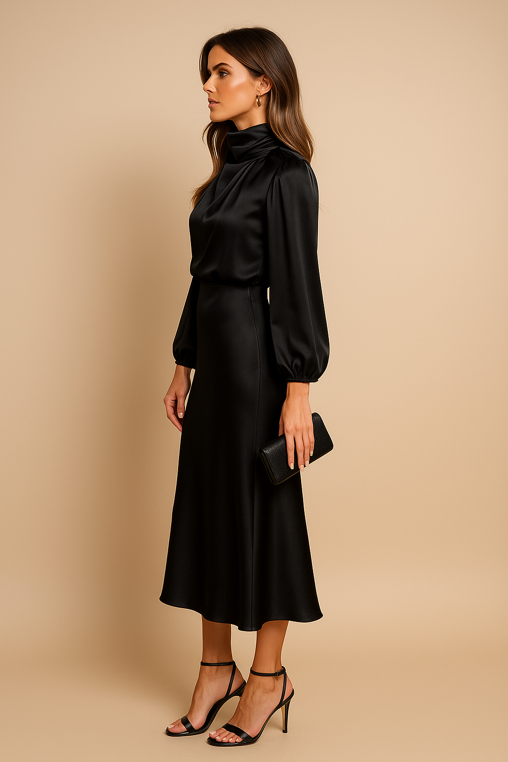 Women's Midi Dress with High Neckline, Long Sleeve, and Waist Decoration | Fitted Cut