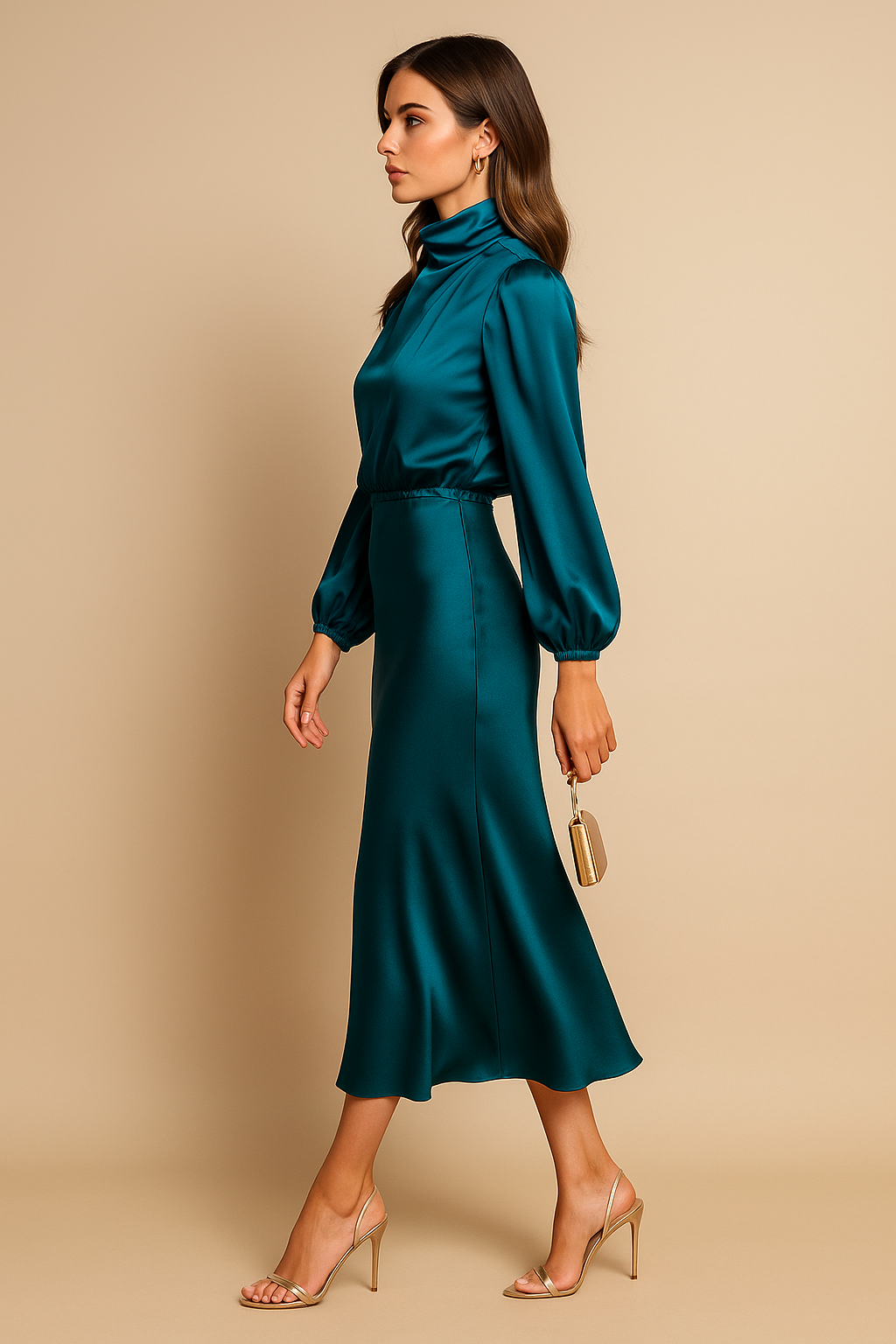 Women's Midi Dress with High Neckline, Long Sleeve, and Waist Decoration | Fitted Cut