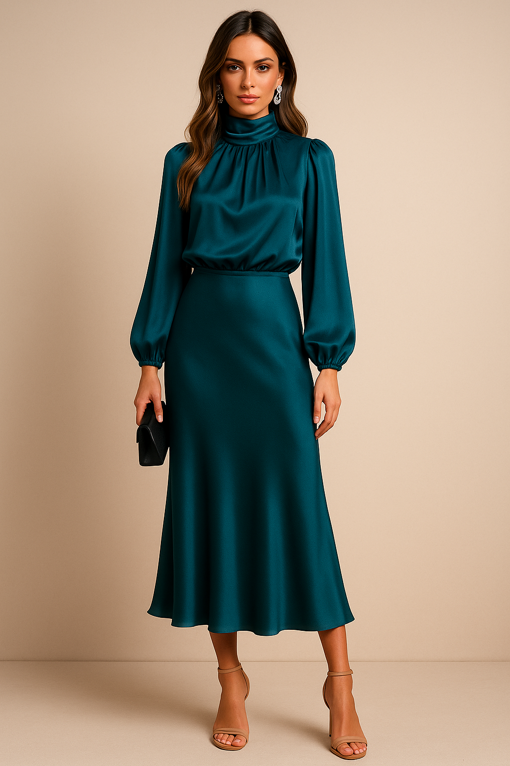 Women's Midi Dress with High Neckline, Long Sleeve, and Waist Decoration | Fitted Cut