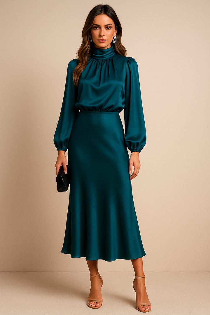 Women's Midi Dress with High Neckline, Long Sleeve, and Waist Decoration | Fitted Cut
