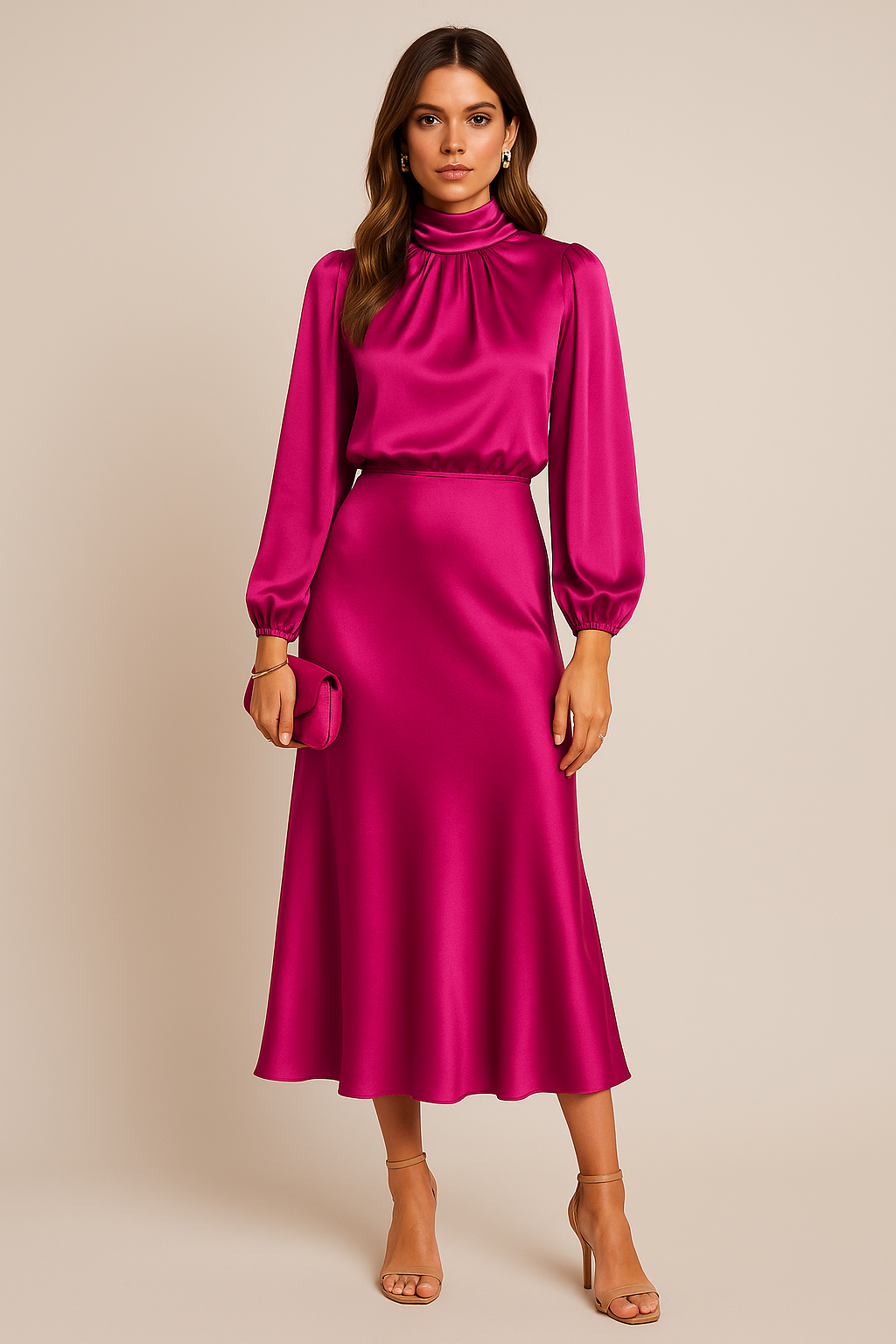 Women's Midi Dress with High Neckline, Long Sleeve, and Waist Decoration | Fitted Cut