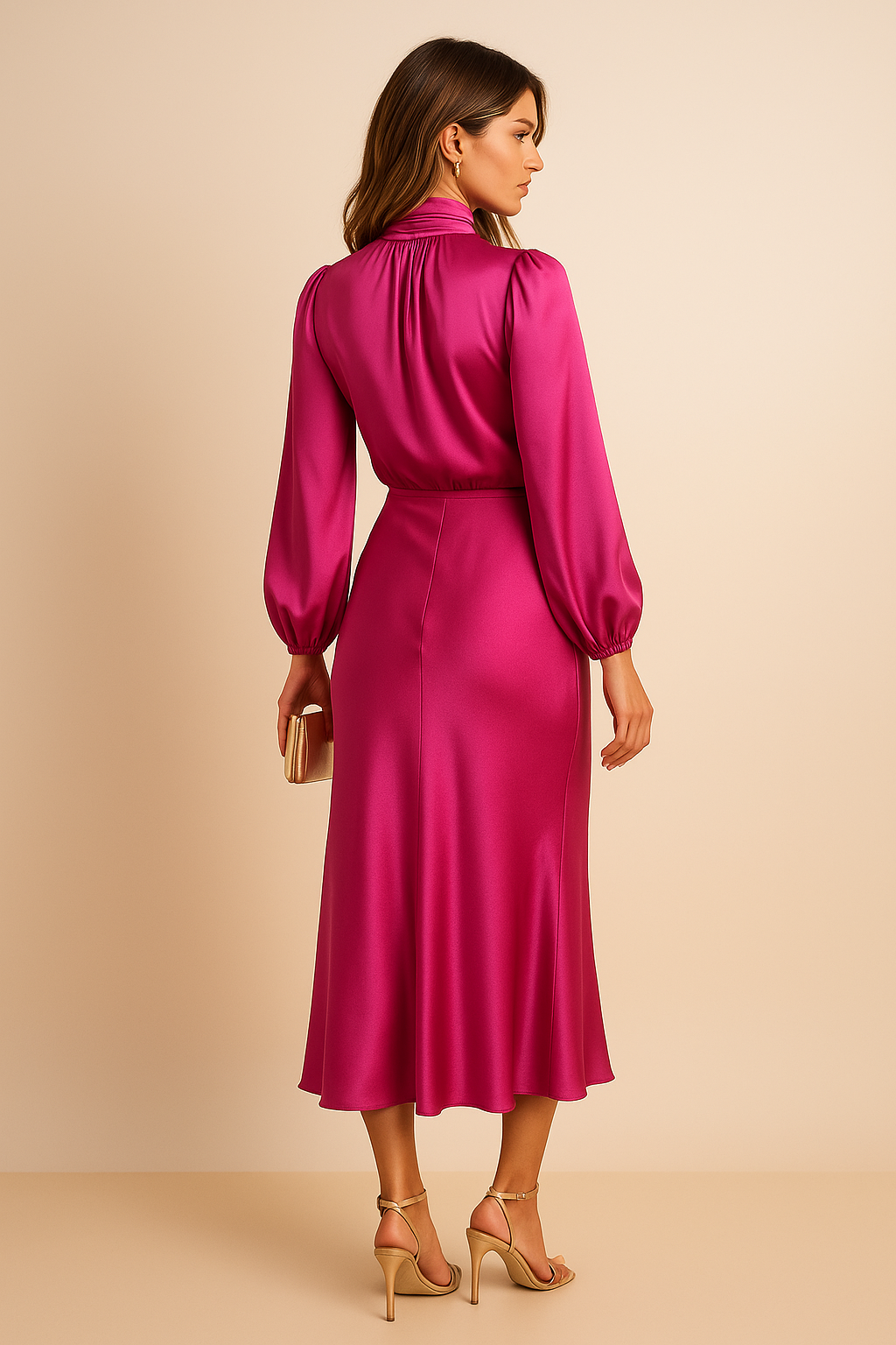 Women's Midi Dress with High Neckline, Long Sleeve, and Waist Decoration | Fitted Cut