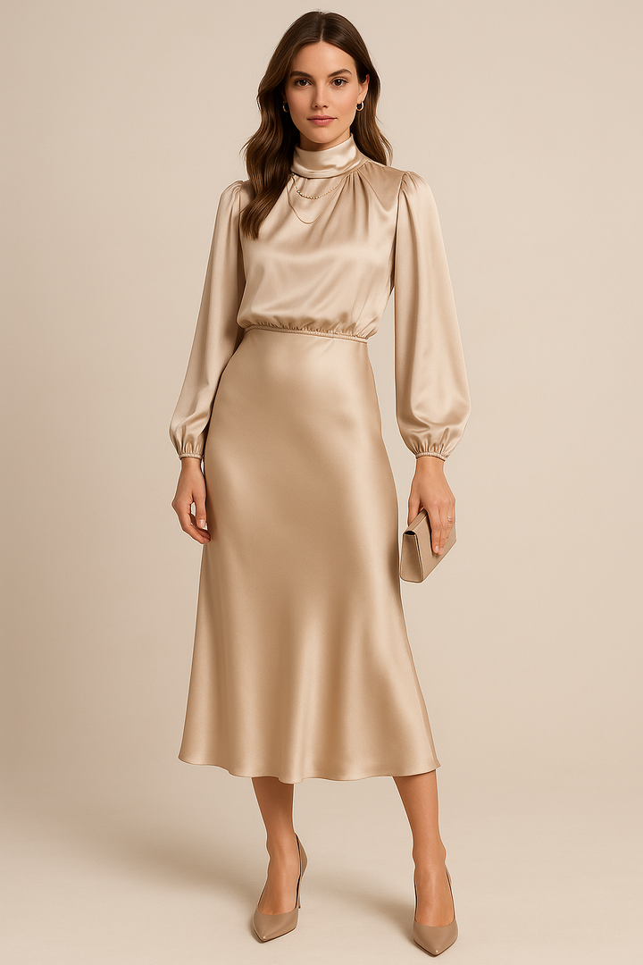 Women's Midi Dress with High Neckline, Long Sleeve, and Waist Decoration | Fitted Cut