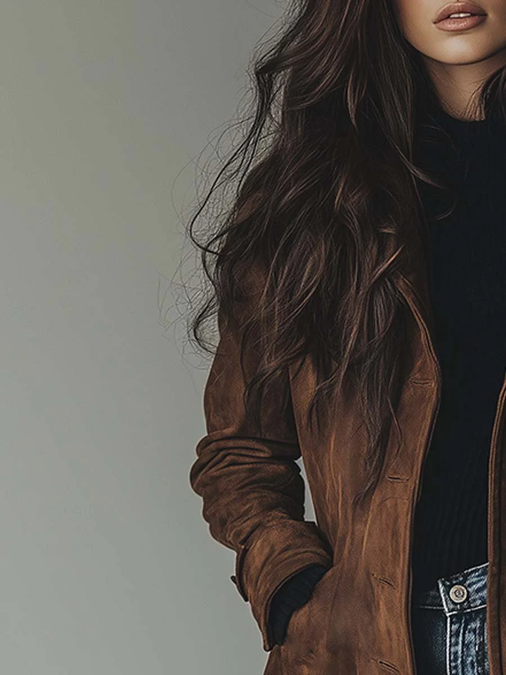 Brązowy trencz damski w stylu vintage na modelce