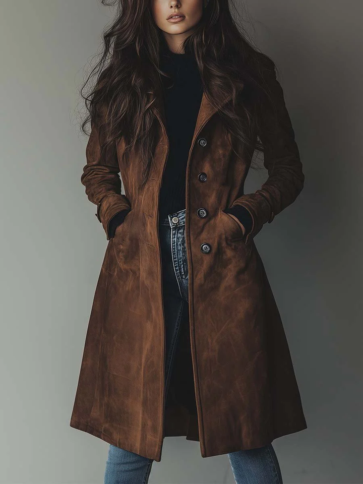 Brązowy trencz damski w stylu vintage na modelce