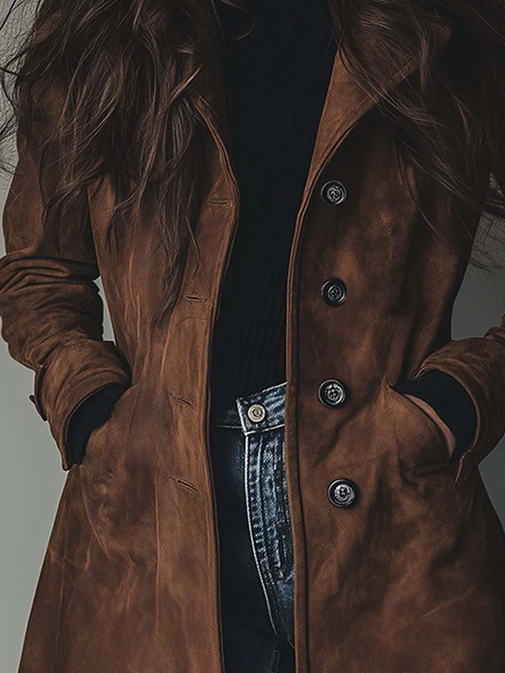 Brązowy trencz damski w stylu vintage na modelce