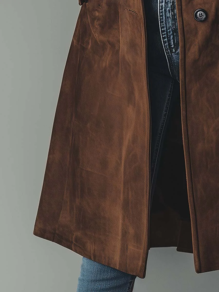 Brązowy trencz damski w stylu vintage na modelce