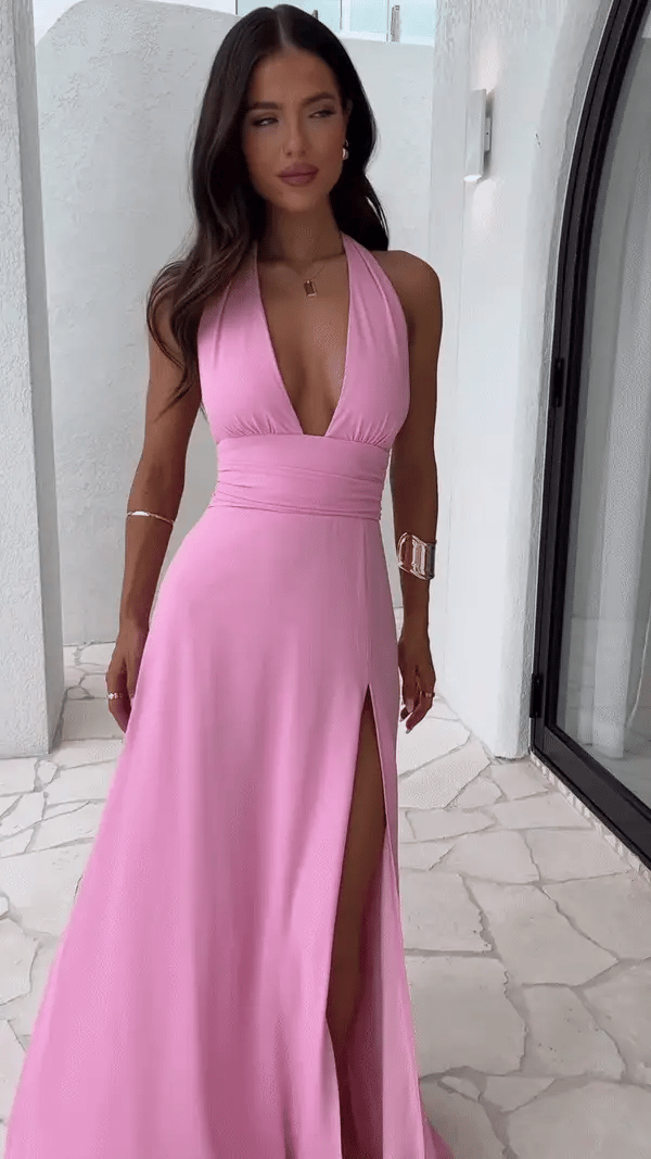 Women's Halter Deep V-Neck High Slit Sleeveless Dress | Maxi