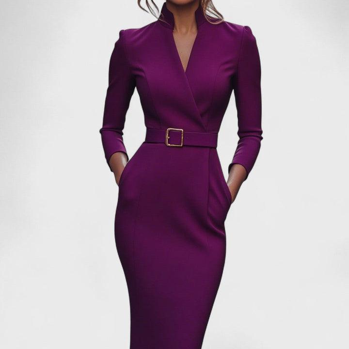 Valentina | Damska Sukienka Midi Slim Fit ze Stójką, Paskiem w Talii i Długimi Rękawami