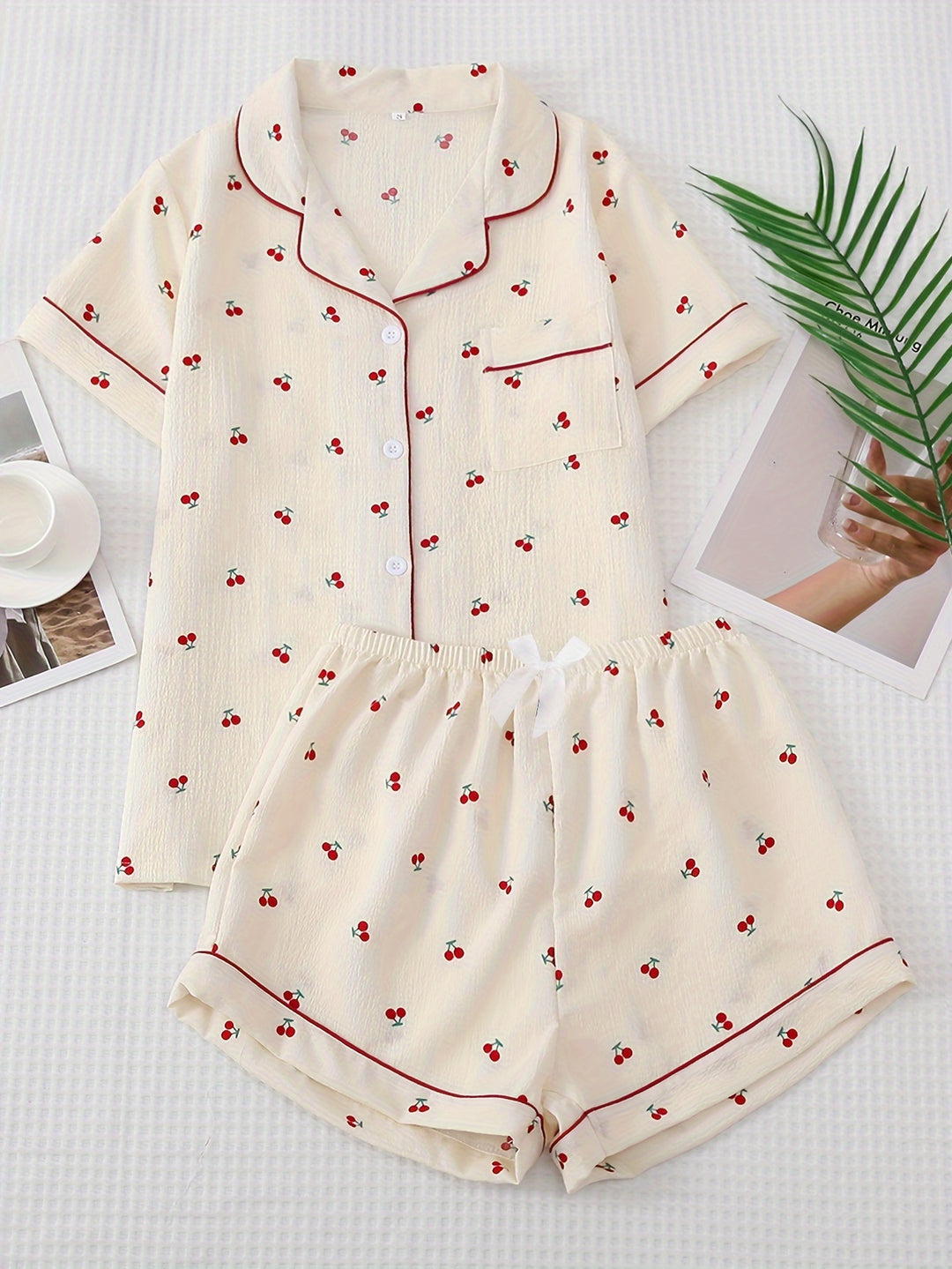 Women's Pajama Set in Cherry with Button-Up Shirt and Shorts | Nightwear
