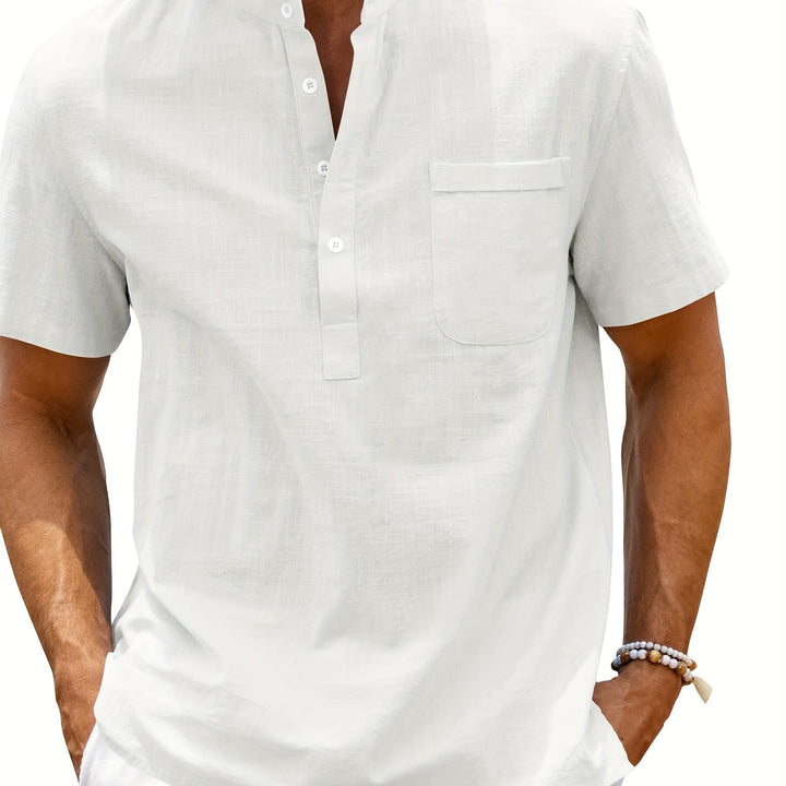 Men's Henley Shirt | Short Sleeve Relaxed Fit Shirt | Stand Collar | Summer Casual Style