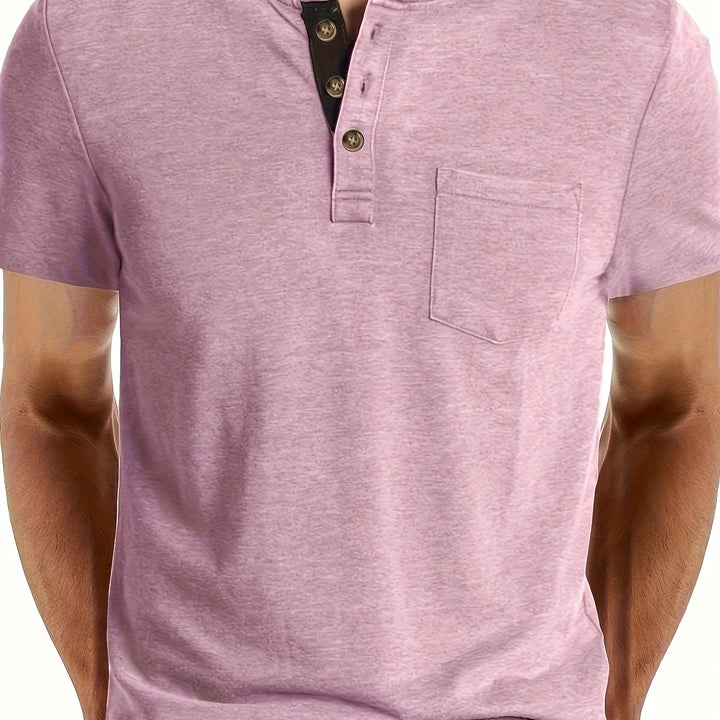Męska Koszulka Henley | Koszulka Regular Fit z Krótkim Rękawem | Guziki i Kieszeń Na Piersi | Casualowy Styl Letni