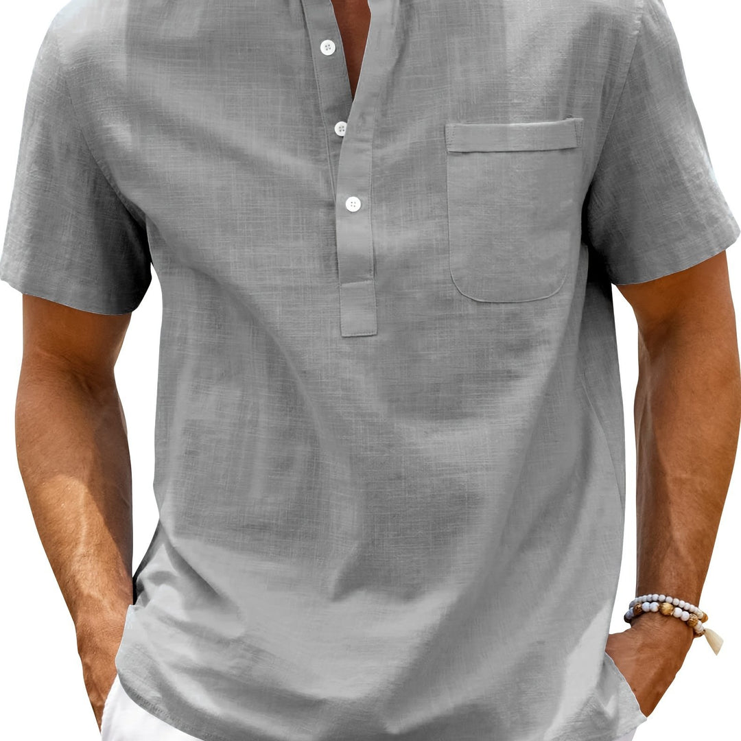 Men's Henley Shirt | Short Sleeve Relaxed Fit Shirt | Stand Collar | Summer Casual Style