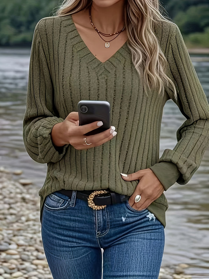 Women's Ribbed Sweater with V-Neck and Long Sleeves | Casual Fit