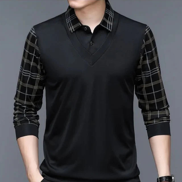 Men's Long Sleeve Shirt with Checkered Sleeves | Casual Style