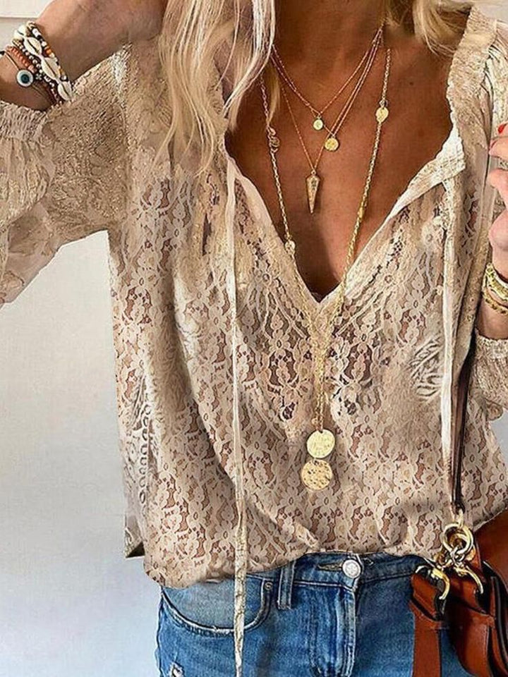 Damska Koronkowa Bluzka z Dekoltem V, Guzikami i Długim Rękawem | Top Boho