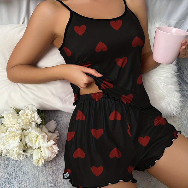 Women's Pajama Set with Straps and Heart Pattern with Ruffled Hem | Nightwear