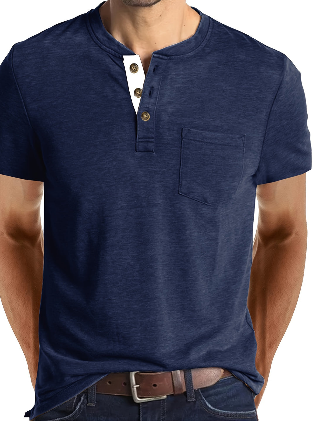 Daniel | Męski T-shirt Henley z Krótkim Rękawem