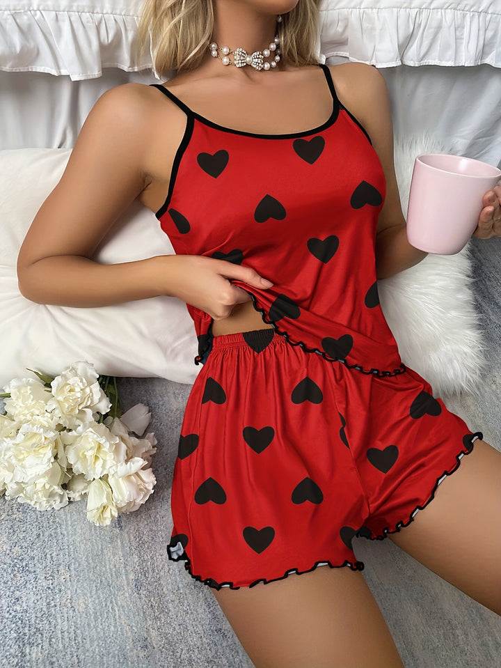 Women's Pajama Set with Straps and Heart Pattern with Ruffled Hem | Nightwear