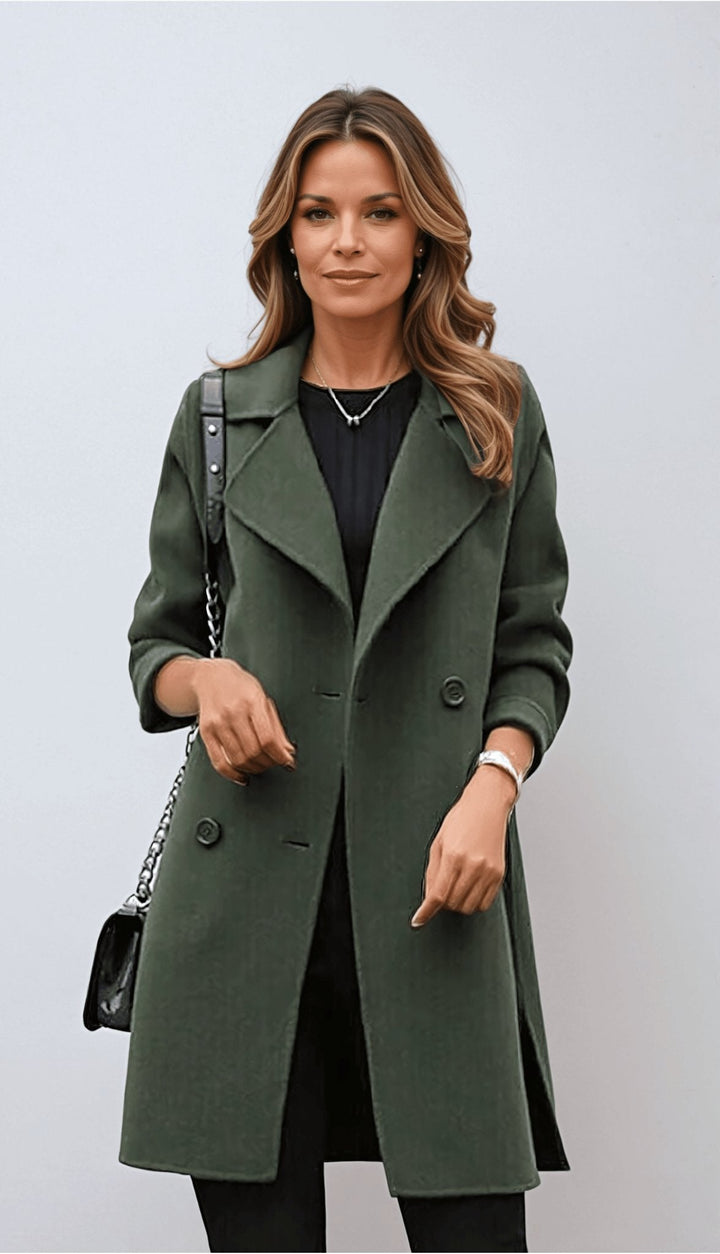 Women's Double-Breasted Coat with Long Sleeves | Midi Length