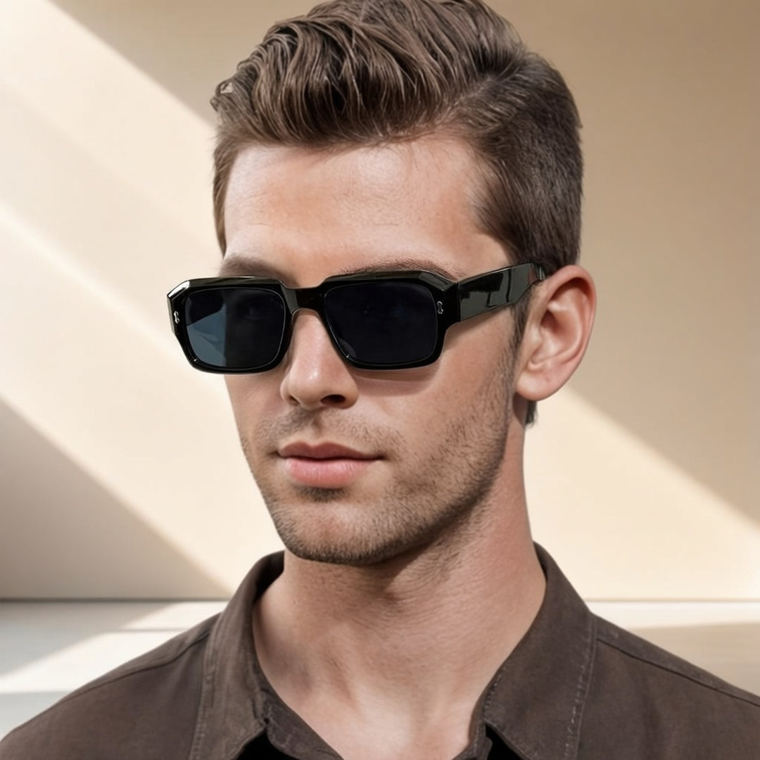 Men's Sunglasses Angular Rectangular Frame Distinctive Shape Wide Temples | Dark Lenses
