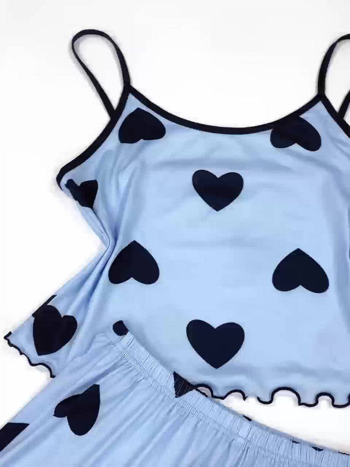 Women's Pajama Set with Straps and Heart Pattern with Ruffled Hem | Nightwear