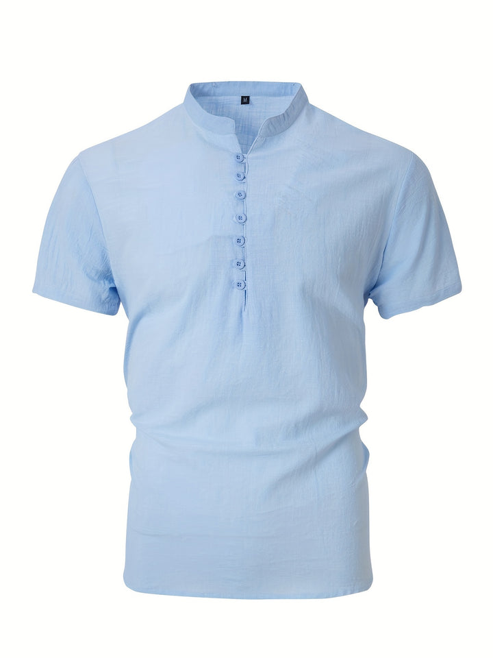 Męska Koszula Henley | Koszula Regular Fit z Krótkim Rękawem | Guziki i Stójka | Letni Styl Casual