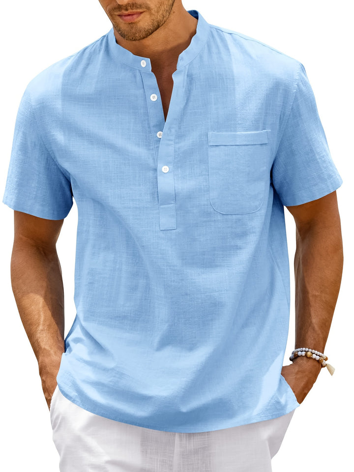 Men's Henley Shirt | Short Sleeve Relaxed Fit Shirt | Stand Collar | Summer Casual Style