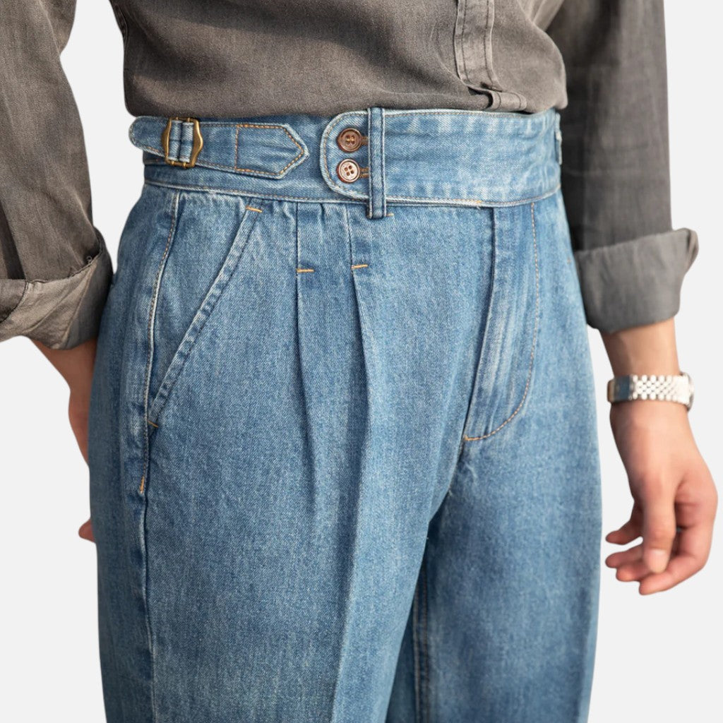 Men’s Everyday Denim-Style Trousers with Pleats and Straight Legs