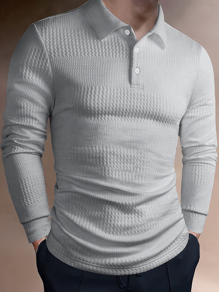 Men's Long Sleeve Polo | Slim Fit Shirt | Textured Finish | Smart Casual Style