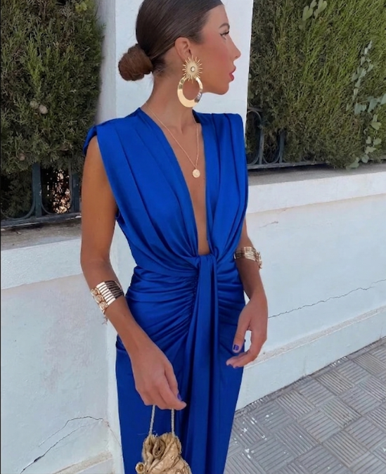 Women's Sleeveless Dress with Deep V-Neck, Ruching, and Front Slit | Midi