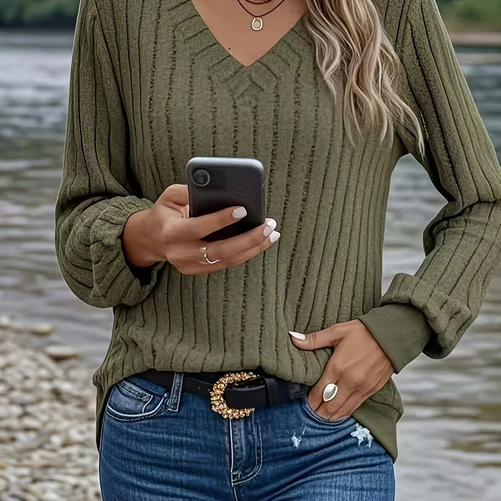 Women's Ribbed Sweater with V-Neck and Long Sleeves | Casual Fit