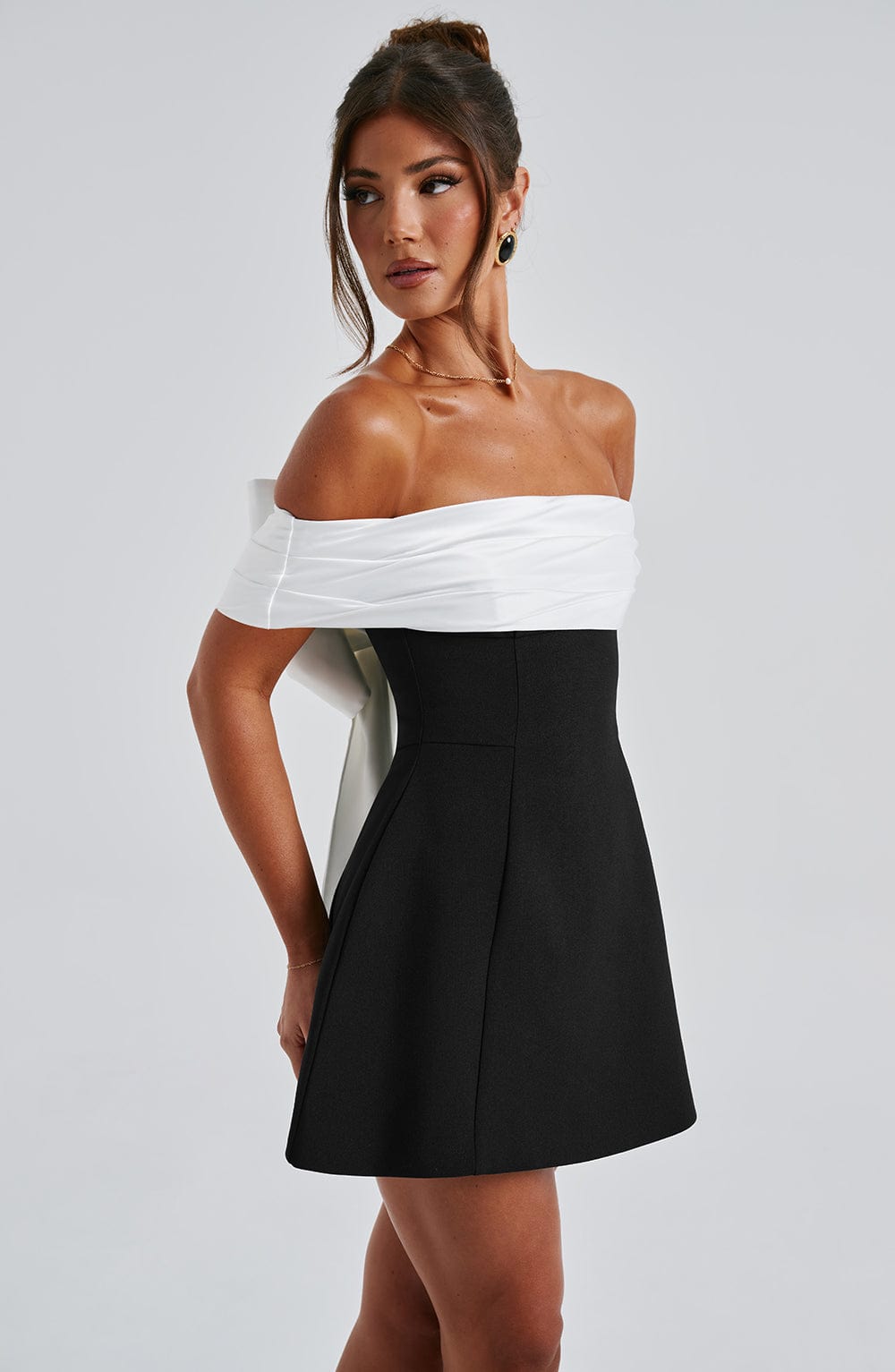 Women's Off-Shoulder Contrast Panel Defined Waist Flared Dress | Mini