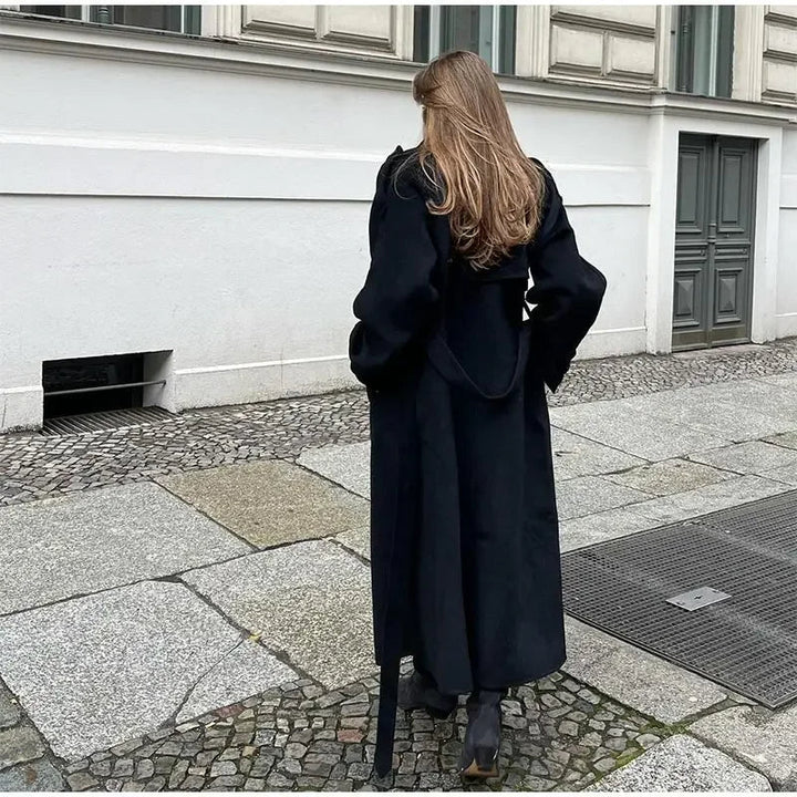 Women's Double-Breasted Long Coat with Notched Collar | Maxi