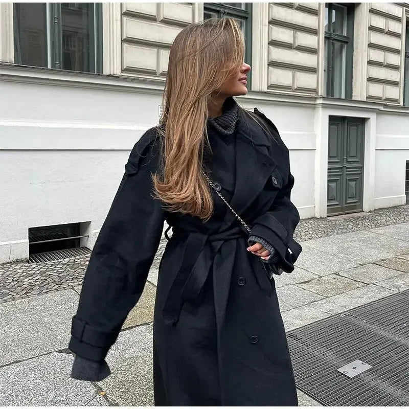 Women's Double-Breasted Long Coat with Notched Collar | Maxi